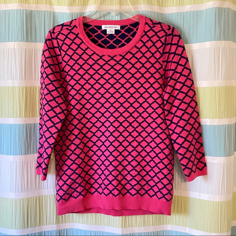 Liz Claiborne Pink and Navy Crewneck Sweater - Diamond Design Medium